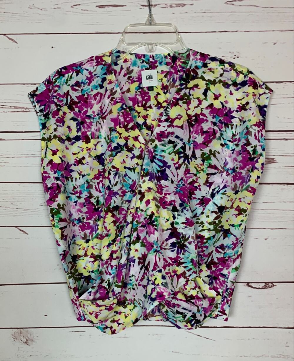Cabi Women's S Small Purple Yellow Eden Floral Blouse Crossover Faux Wrap Top